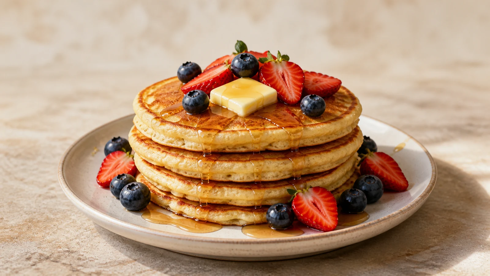 Stack of golden pancakes with butter, strawberries, blueberries, and a light amber drizzle on a ceramic plate.